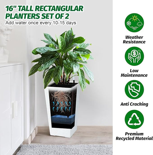 GarveeLife 22.5" Tall Planters Set of 2, Outdoor&Indoor Black Planter Pots, High Front Porch Planter Pots With Drainage Holes&Water Level Monitor&Inner Bucket, Automatic Watering, White and Black Dots
