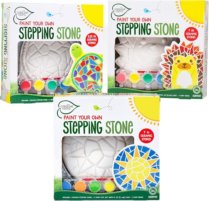 Creative Roots Mosaic Turtle, Hedgehog, & Sun - 3-Pack 7-Inch Ceramic Stepping Stones & 6 Vibrant Paints, Paint Your Own DIY Stepping Stones for Kids Ages 8+