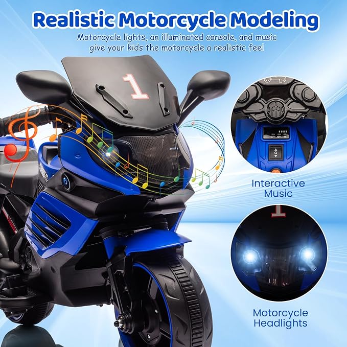 GarveeLife 6V Kids Motorcycle, Electric Ride On Car Toy with Training Wheels, Working Headlight, Horn & Music, Battery Powered Ride On Motorcycle Toy for Toddler Kids Boys Girls Ages 3-5, Blue