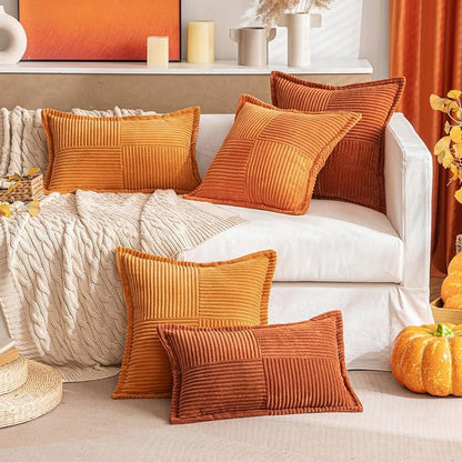 MIULEE Fall Rust Decorative Throw Pillow Covers for Couch Bed Livingroom 12x12 Inch Set of 2 Boho Accent Throw Pllows Broadside Striped Patchwork Soft Corduroy Pillowcases, Terracotta