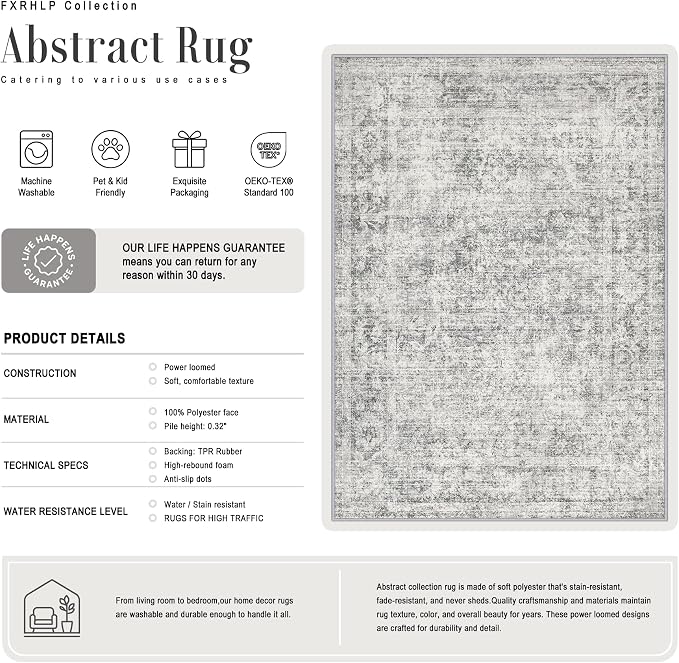 6x9 Area Rug Living Room Rug: Washable Modern Abstract Soft Thin Rug Indoor Floor No Slip Carpet for Bedroom Dining Room Farmhouse Nursery Home Office - Retro Black Grey