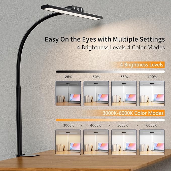 KableRika Desk Lamp,Led Desk Lamps with Clamp,Architect Desk Lights for Home Office Desktop Office Lamp 4-Brightness 4-Color Eye Care Overhead Table Lamp for Computer Monitor Study Reading