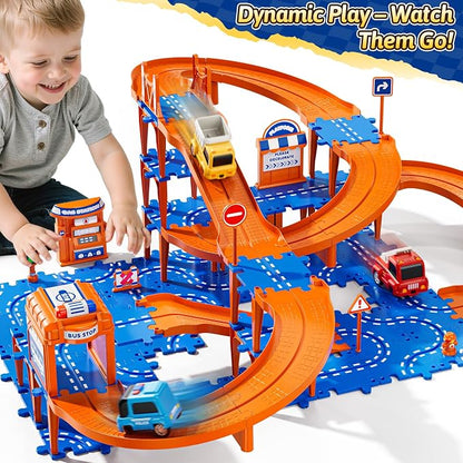 Puzzles Track Race Cars Toys for Kids Age 3-8 5-7, 4-Tier Race Track with 3 Cars, Toddler Educational Floor Puzzle Car Games Toys for Boys and Girls Toddlers, 3 4 5 6 7 8 Years Birthday Gift