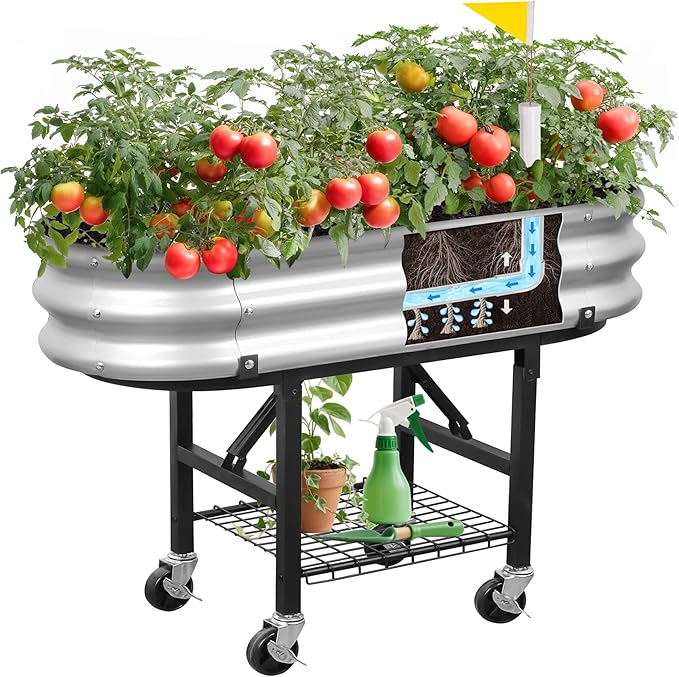 Raised Garden Bed with Legs and Heavy Duty Wheels, Self-Watering Planter Box, Easy-Install Foldable Stand, Galvanized Metal Elevated Wicking Bed with Liner for Indoor Outdoor Gardening