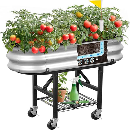 Raised Garden Bed with Legs and Heavy Duty Wheels, Self-Watering Planter Box, Easy-Install Foldable Stand, Galvanized Metal Elevated Wicking Bed with Liner for Indoor Outdoor Gardening