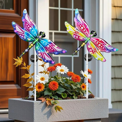 Hexagram Dragonfly Garden Decor, Dragonfly Garden Stakes Set of 2, Gardening Gifts Solar Stake Lights Decorations, Light for Patio Yard Lawn Home Pathway Decor