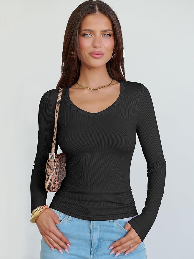 ANRABESS Long Sleeve V Neck Shirts for Women | Soft Comfy Ribbed Knit Fitted Tshirts, Casual Going Out Tops, 2026 Trendy Basic, Fall Winter Underscrub Layering Clothes