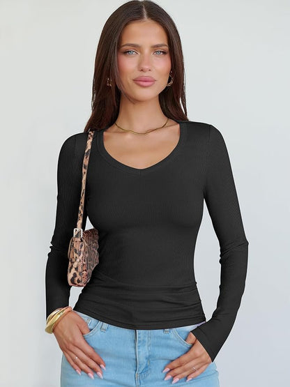ANRABESS Long Sleeve V Neck Shirts for Women | Soft Comfy Ribbed Knit Fitted Tshirts, Casual Going Out Tops, 2026 Trendy Basic, Fall Winter Underscrub Layering Clothes