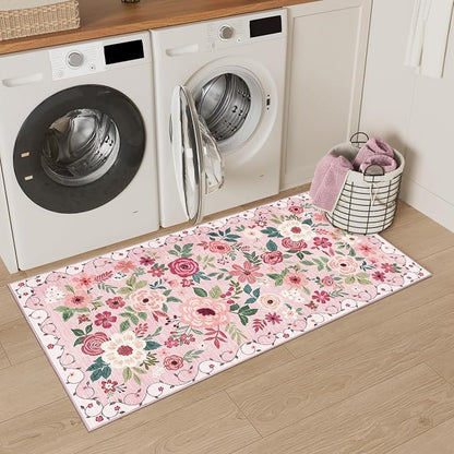 DUKINO 2x4 Rug for Entryway, Washable Kitchen Floral Runner Rug with Non Slip Backing, Low Pile Soft Boho Carpet for Kitchen, Hallway, Entryway, Laundry, Bedroom, Pink