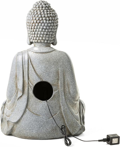 Glitzhome Buddha Outdoor Water Fountain with Lights and Pump, 28.25" H Zen Style Outdoor Fountain Concrete Meditating Buddha Statue Polyresin Garden Fountain Waterfall for Patio, Porch, or Yard Decor