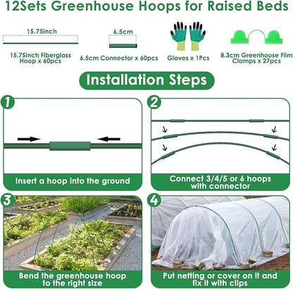 60 Pcs Garden Hoops for Raised Beds, 12 Sets Greenhouse Hoops Grow Tunnel Rust-Free Fiberglass Hoop House Kit, Plant Support Garden Stakes Hoops Frame for Netting Shade Cloth Row Cover Garden Supplies