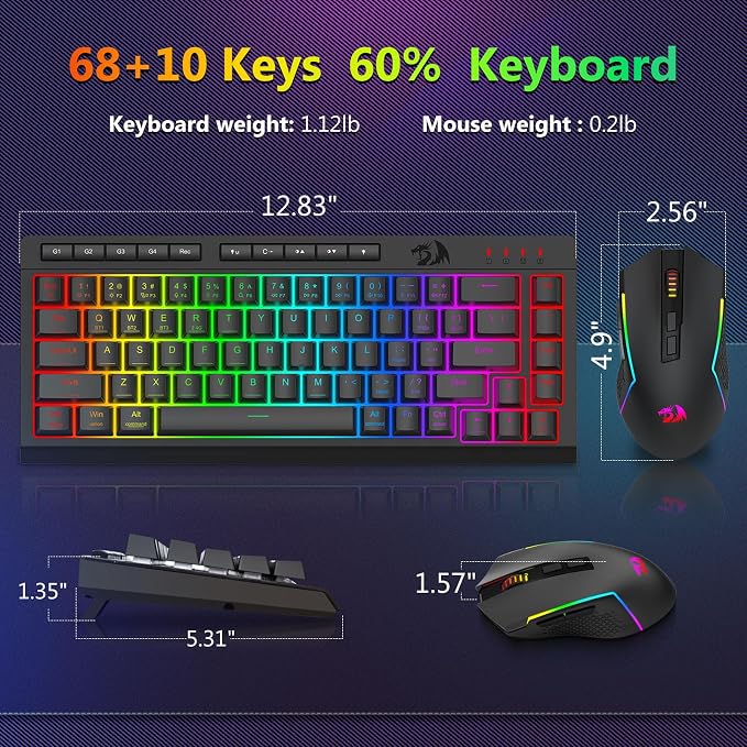 Redragon Wireless Gaming Keyboard and Mouse Combo, 60% Portable, Black | Bluetooth/2.4G/USB-C Wired, RGB Backlit, Quiet Rechargeable Macro Membrane Keyboard & 12800 DPI Mouse for Win/MAC