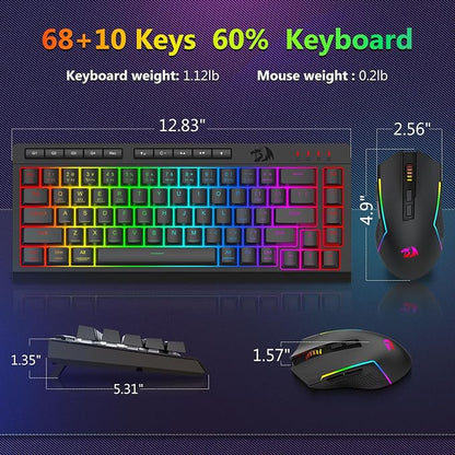 Redragon Wireless Gaming Keyboard and Mouse Combo, 60% Portable, Black | Bluetooth/2.4G/USB-C Wired, RGB Backlit, Quiet Rechargeable Macro Membrane Keyboard & 12800 DPI Mouse for Win/MAC