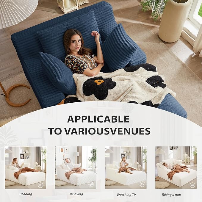 50 Inches Chaise Lounge Indoor, Oversized Chaise Lounge Chair with 3 Throw Pillows and Armrests, Corduroy Upholstered Plush Sofa Bed Lazy Chair Bed Sleeper Chair for Living Room Apartment (Blue)