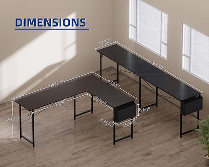 Pamray 64.5 Inch Reversible L Shaped Gaming Desk Large Corner Computer Desk with Storage Bag Home Office Table for Writing Study Grey