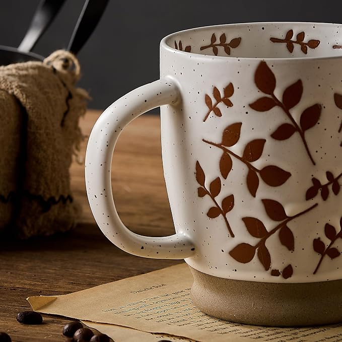 18 Oz Large Ceramic Coffee Mug Set of 2 - Rustic Handmade Floral Mugs with Handle, Microwave Safe for Latte Espresso Cappuccino Tea Cocoa Milk, Modern Unique Big Cups for Kitchen Women(Caramel Brown)