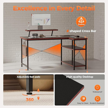 Mericonia 40 in Corner Desk with Monitor Stand, Small L Shaped Gaming Desk | Reversible Computer Desk with Power Outlets, LED Light & Storage Shelves, Office Table for Home Bedroom Study Work Writing