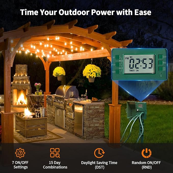 SURAIELEC Outdoor Power Stake, 7-Day Programmable Digital Timer, Power Strip Weatherproof, 6 Multi Plug Electrical Outlet Waterproof, 6FT Extension Cord, for Outside Yard Light, Christmas Decorations