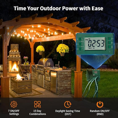 SURAIELEC Outdoor Power Stake, 7-Day Programmable Digital Timer, Power Strip Weatherproof, 6 Multi Plug Electrical Outlet Waterproof, 6FT Extension Cord, for Outside Yard Light, Christmas Decorations
