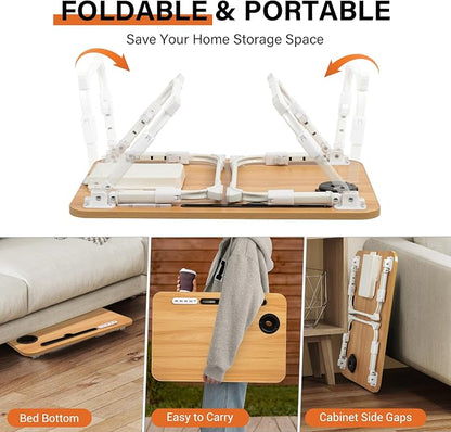 Lap Desk for Bed, Adjustable Laptop Desk with USB Charging Port, Storage Drawer & Bookshelf — Foldable Bed Desk for WFH & Students, 23.6" Desktop Fits 22" Laptop, Non-Slip, Wood