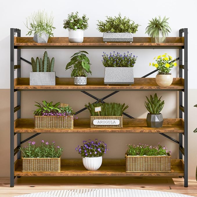 HCHQHS 4 Tier Bookshelf, Adjustable Industrial Bookcase, Vertical Tall Book Shelf, Wood and Black Metal Open Bookshelves for Home Office, Living Room, Bedroom