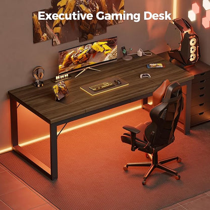 Mericonia 63x28 Inch Computer Desk w/Power Outlets, 1.2" Thick Office Table | Modern Simple Style, Heavy Duty Industrial Frame, Large Study & Writing Table for Home Bedroom Work, Walnut