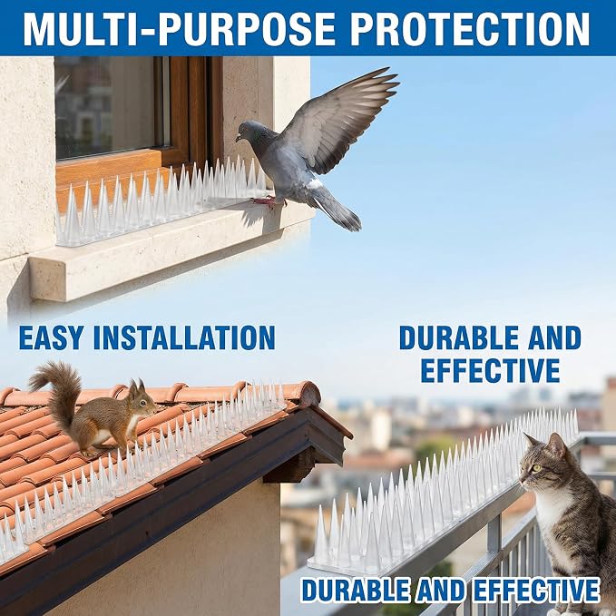 Bird & Animal Deterrent Spikes, 12 Packs Outdoor Plastic Spike Strips for Roof, Ledges, Fence, Walls & Railing, Humane Squirrel, Raccoon & Pigeon Barrier, 12 FT Coverage, White