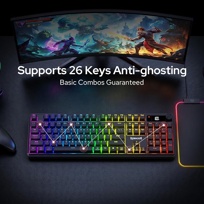 Redragon K526 PRO Wireless RGB Membrane Gaming Keyboard, LED Screen & Knob | See Battery, Mode & Time at a Glance, 0-Delay Tri-Mode, One-Touch Backlit & Media Adjust, 26-Key Anti-Ghost for Combo-Strike
