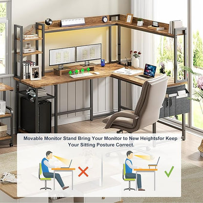 Aheaplus L Shaped Desk with Power Outlet, L Shaped Gaming Desk with Led Light & Hutch, Reversible Home Office Desk, Corner Computer Desk Writing Desk with Monitor Stand & Storage Shelf, Rustic Brown