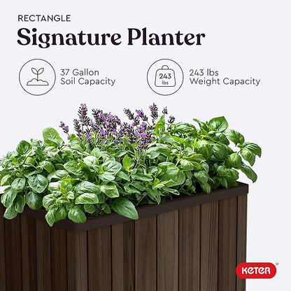 Keter Signature 21.7 Inch Tall Rectangular Large Wood Look Planter for Indoor or Outdoor Flower Pot Ideal for Patio Deck and Front Porch Decor, Rosewood