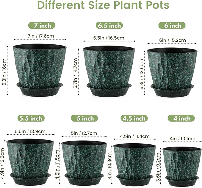 7/6.5/6/5.5/5/4.5/4 inch Plant Pots for Indoor Outdoor Plants, 7 Pack Thick Flower Pots with Drainage Holes and Saucers, Wave Texture Plastic Planters Nursery Pots, Black with Green Speckles