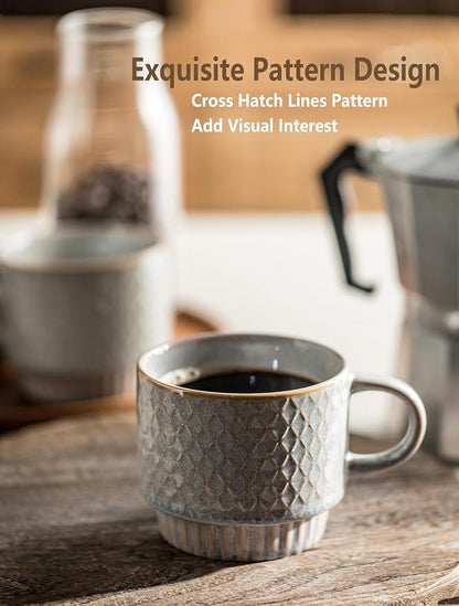 Gomakren Stackable Coffee Mugs Set of 4 Coffee Cups with Stand, Light Gray | 13oz Ceramic Embossed Grid Mugs, Black Metal Storage Rack, Lead-Free Dishwasher Safe, with Gold Spoons for Home Coffee Bar
