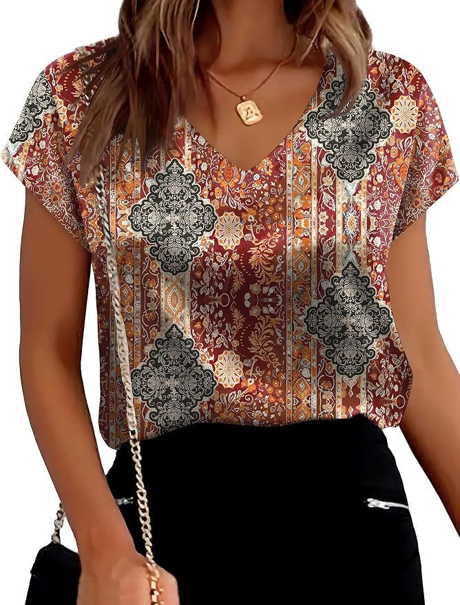 WIHOLL Womens Satin Summer Tops Cap Short Sleeve Blouses V Neck Shirts Business Casual Outfits Fashion Clothing 2026