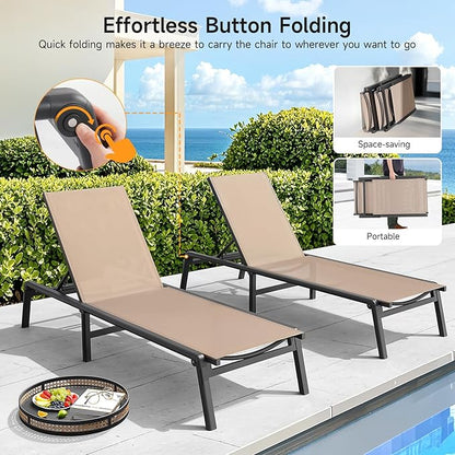 ONBRILL Aluminum Chaise Lounge Chair Outdoor, Foldable & Assembly Free Outdoor Lounge Chair with 5 Position Adjustable Backrest, Patio Pool Lounge Chairs for Outside Poolside Beach Lawn, 1PC, Khaki