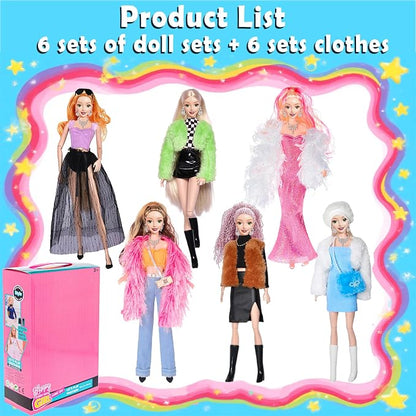 ebuddy 6 Pack 11.5 Inch Fashion Dolls Set - 6 Stylish White Skin Dolls with Unique Outfits & Accessories
