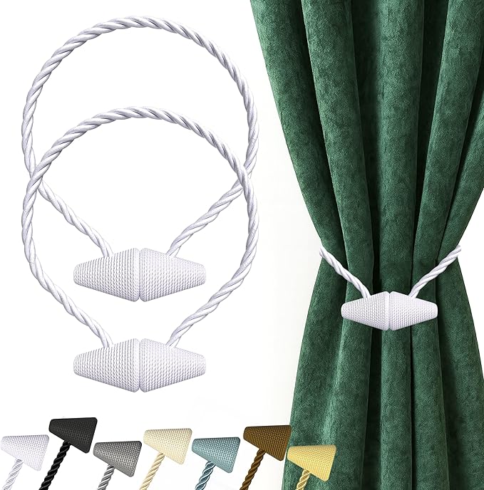 Hion Magnetic Curtain Tiebacks White 2pcs, Curtain Tiebacks Buckles Holdbacks Holders Hooks Clip for Home Bedroom Office Decorative Curtain