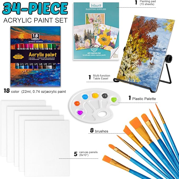 Inburit Art Paint Set for Kids, Painting Supplies Kit with 5 Canvas Panels, 8 Brushes, 18 Acrylic Paints, Multi-Function Table Easel, Etc, Premium Acrylic Paint Set for Students, Kids and Beginner.