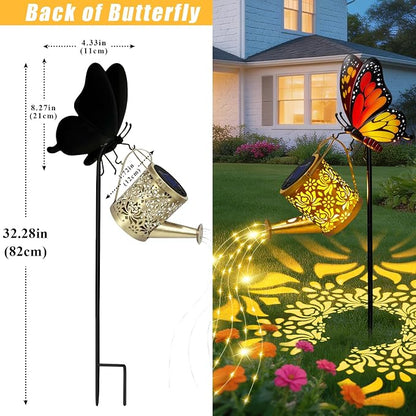 Solar Lights Garden Decor, Waterproof Solar Watering Can with Butterfly Garden Stakes, Outdoor Light with Cascading Lights for Outside Patio Lawn Porch, Birthday Gift for Women Mothers Day