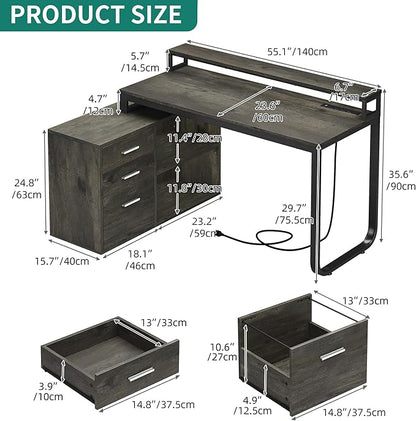YITAHOME L Shaped Desk with Power Outlets & LED Lights & File Cabinet, 55" Corner Computer Desk with 3 Drawers and 2 Storage Shelves, Home Office Desk with Monitor Stand, Grey