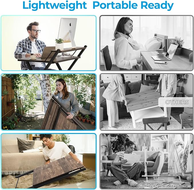 GreenForest No Assembly Folding Desk, 2-Tier Compact Computer Desk with Shelf, 30 inch Space Saving Foldable Table for Home Office, Dorm or Apartment, Portable Collapsible Sturdy Laptop Desk, Brown | Portable Foldable Table for Laptop, 2-Tier Compact w...