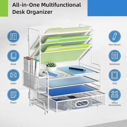 MINDEPOT 4-Tier Paper Organizer + 3-Pocket File Holder + Drawer + Pen Holders, Desktop File Organizers Paper Tray for Office Supplies School Classroom Organization (White, with Drawer & Pen Holder)
