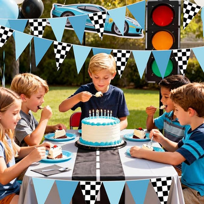Tiamon 5 Pcs Racing Car Flag Banner Party Decorations Dusty Blue Black with Checkered Triangle 49.2 ft Flag Race Car Pennant Banner Garland Streamer for Birthday Baby Shower 2nd Two Fast Party Supply