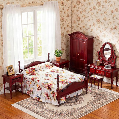 Skylety 7 Pcs Victorian Dollhouse Furniture Set 1: 12 Scale Wooden Mini House Bedroom Furniture and Accessories, Bed Dressing Table Wardrobe Carpet for Adults Toy Gift Miniature Doll House Accessories