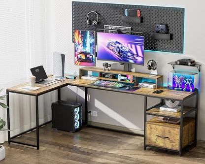 L Shaped Desk - 87" L Shaped Gaming Desk with Power Outlet & Monitor Shelf, Home Office Corner Computer Desk with Printer Shelf & File Drawer, Rustic Brown