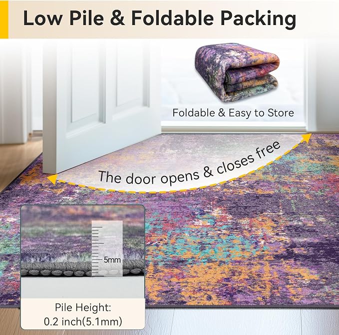 RELEANY Washable Area Rugs 5'x7' Non-Slip Modern Abstract Soft for Living Room Entryway Bedroom Kitchen, Print Pattern, Purple Orange Blue Green Rust Red Colorful