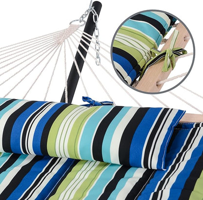 SUNCREAT Hammocks Double Cotton Rope Hammock with Polyester Pad, Heavy Duty Hammock with Steel Stand, Blue&Green