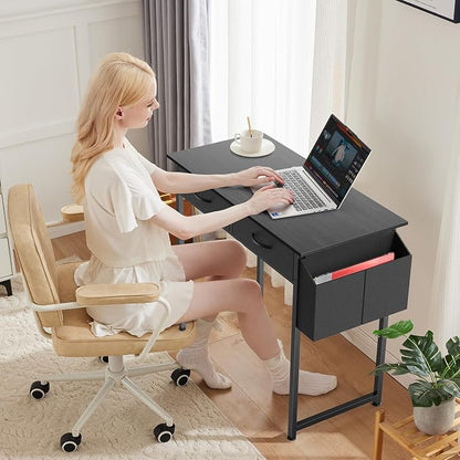 DUMOS 32" Home Office Computer Desk with Drawers, Small Gaming Writing Study Table with Storage Side Bag, Headphone Hook and Adjustable Feet for Bedroom Black | Home Office Desk for Bedroom, Gaming Writing Study Desk with Adjustable Feet