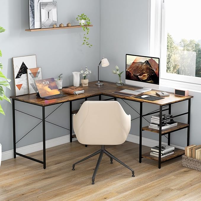 L-Shaped Home Office Desk, Corner Computer Desk w/Monitor Stand, Reversible PC Desk w/Heavy-Duty Metal Frame, Long Office Desk for 2 Person, Space-Saving Design (Rustic Brown)
