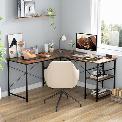 L-Shaped Home Office Desk, Corner Computer Desk w/Monitor Stand, Reversible PC Desk w/Heavy-Duty Metal Frame, Long Office Desk for 2 Person, Space-Saving Design (Rustic Brown)