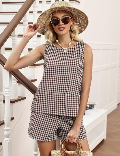 LOMON Women's Trendy 2 Piece Outfits Shorts Sets Summer Crew Neck Sleeveless Tank Top and Bottom Matching with Pockets 2026